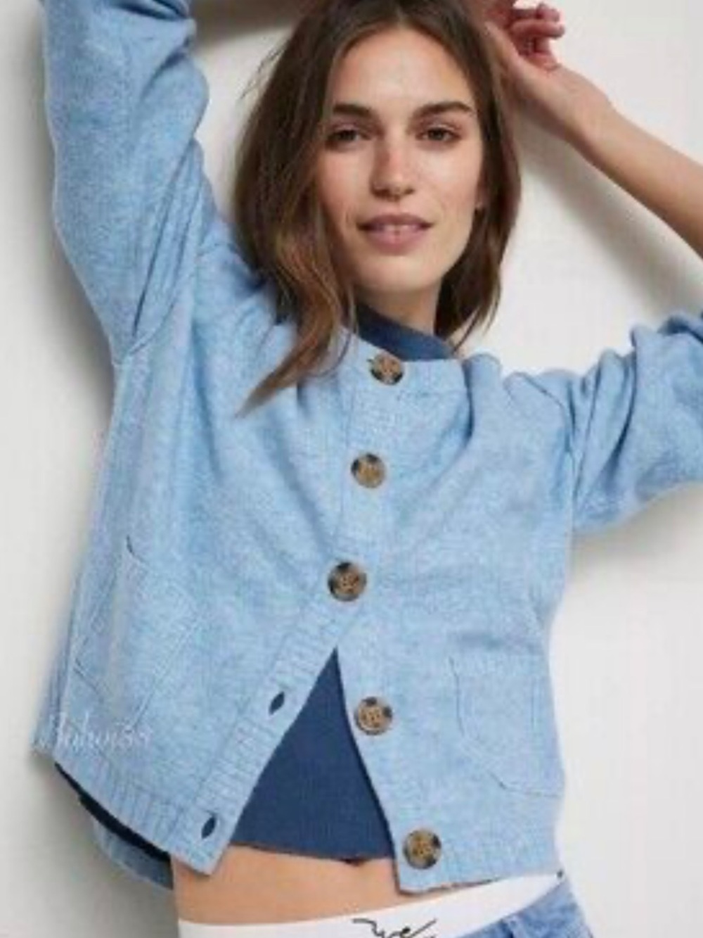 Free People Light Blue Button-Up Knit Cardigan